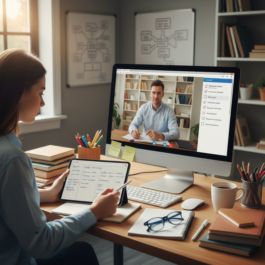 Uczeń odhacza checklistę po lekcji online, komputer, notatki, spokojna atmosfera edukacji