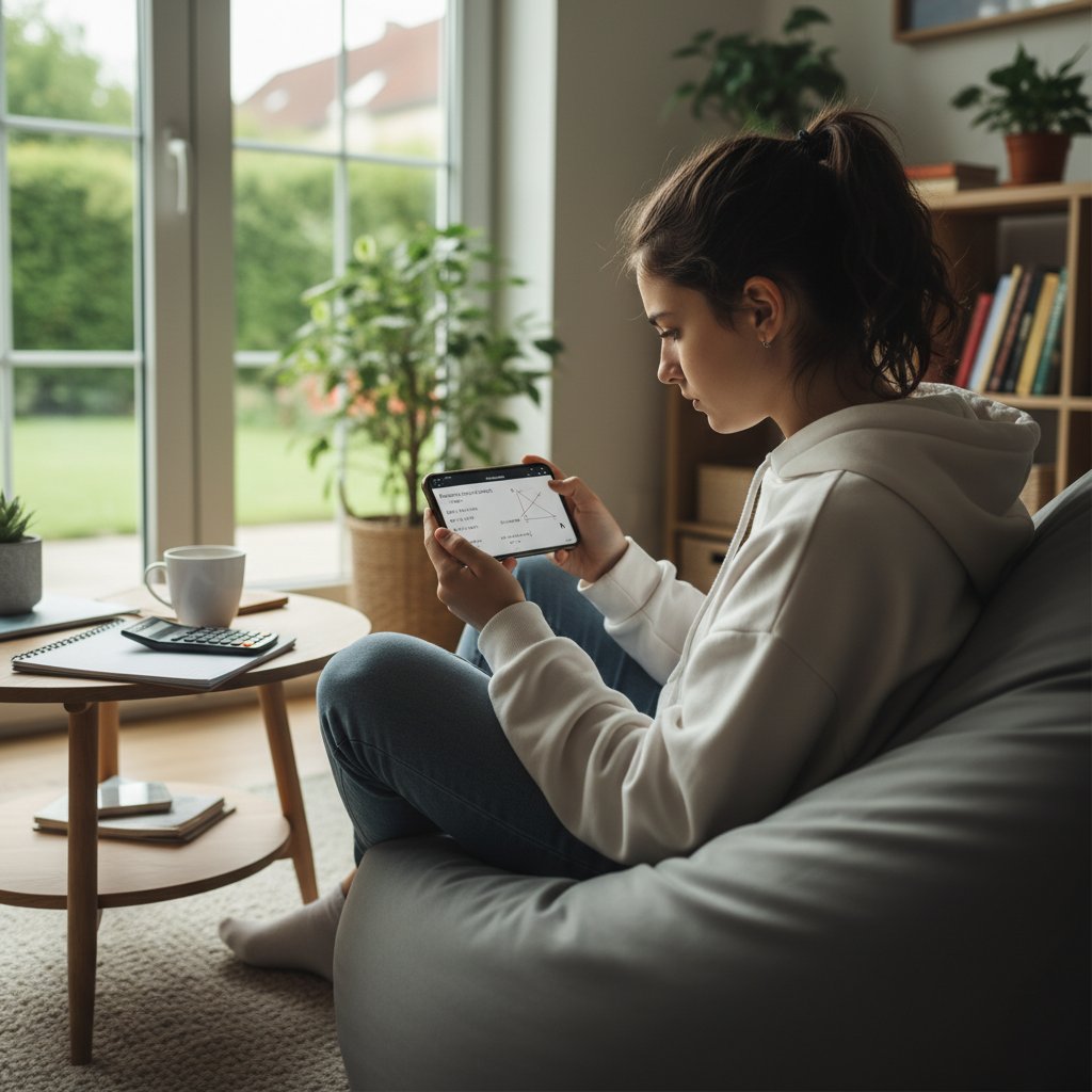 Student korzysta z internetowego kursu matematyki na smartfonie