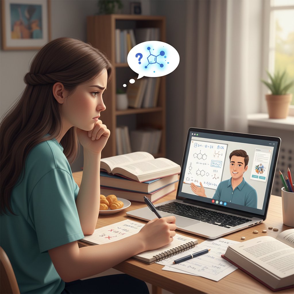 Uczennica rozmawiająca online z korepetytorem, ekran z notatkami, niepewność na twarzy