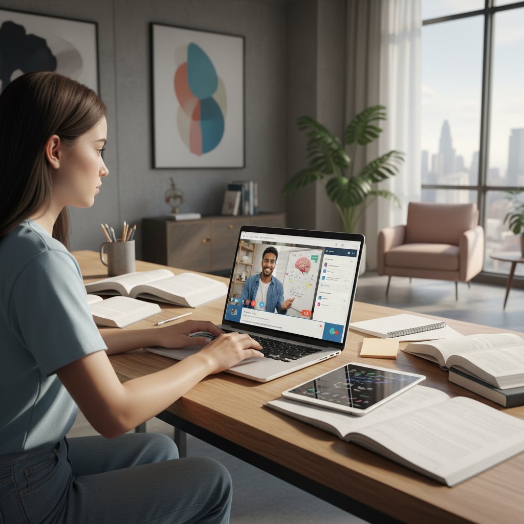 Schüler:in beim Online-Nachhilfeunterricht, Bildschirm mit Chat und Lernmaterial, moderne Wohnung