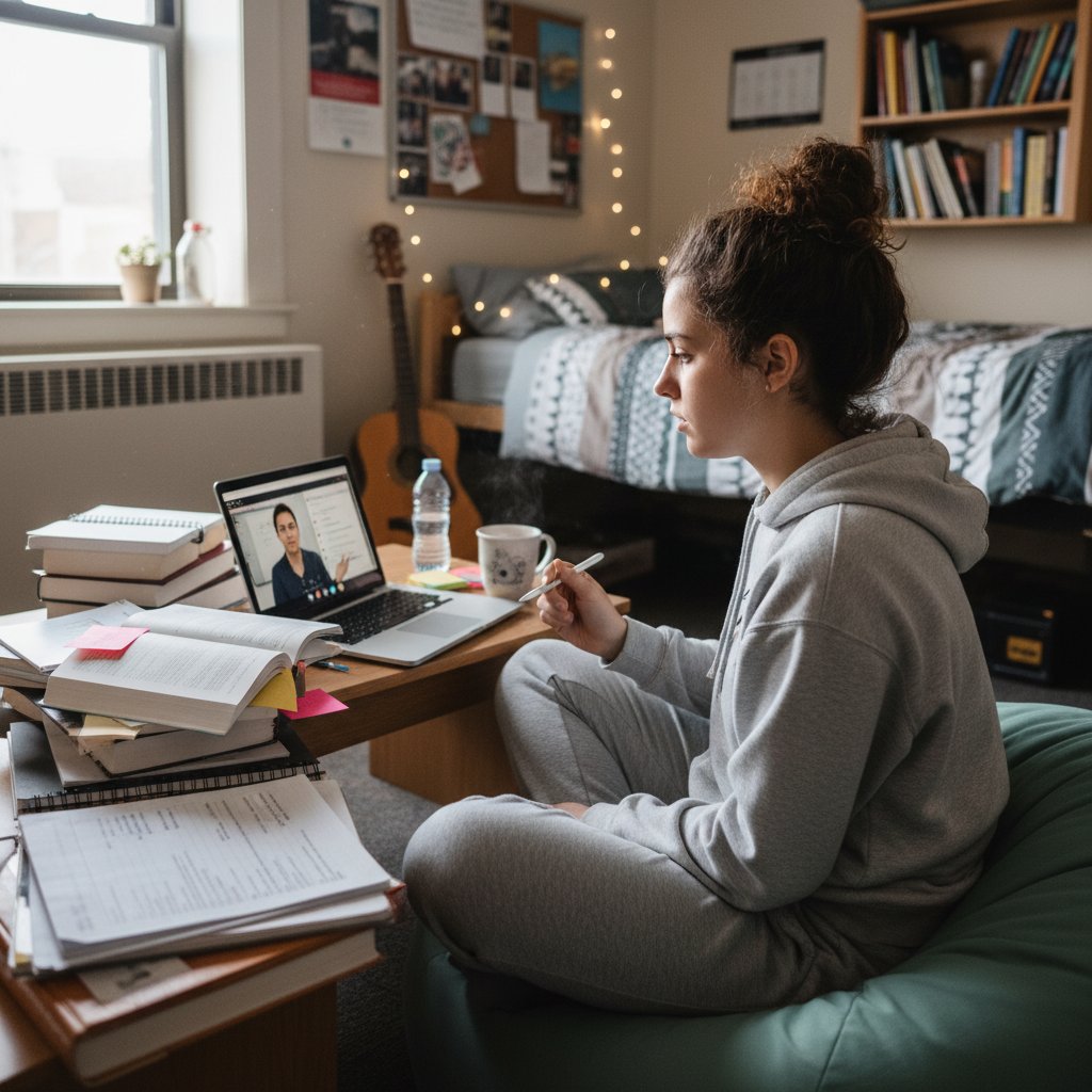Student uczestniczy w korepetycjach online w pokoju akademika