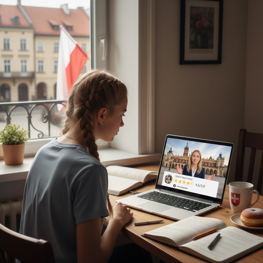 Uczeń korzystający z korepetycji online, nowoczesny laptop, system oceniania nauczyciela, Polska