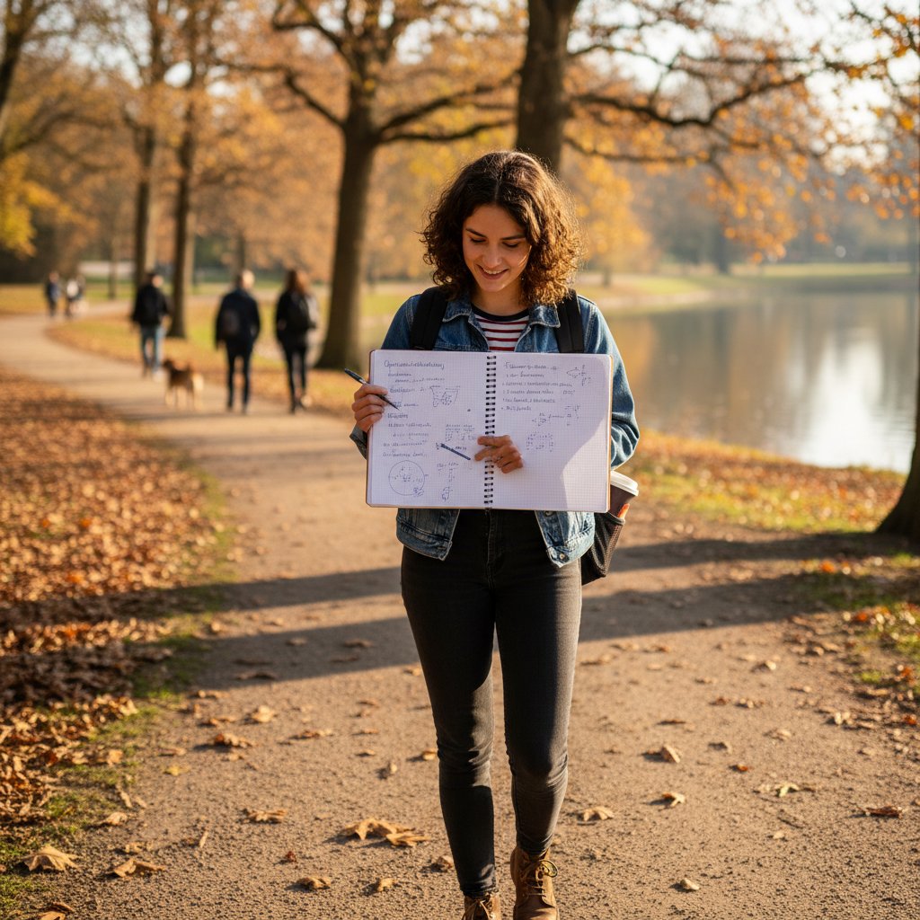Student pokonuje blokadę językową, spacerując po parku z notatkami po niemiecku