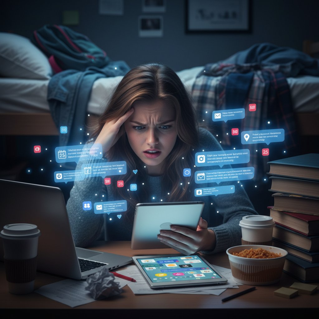 Przeciążenie informacyjne podczas nauki online, student, powiadomienia