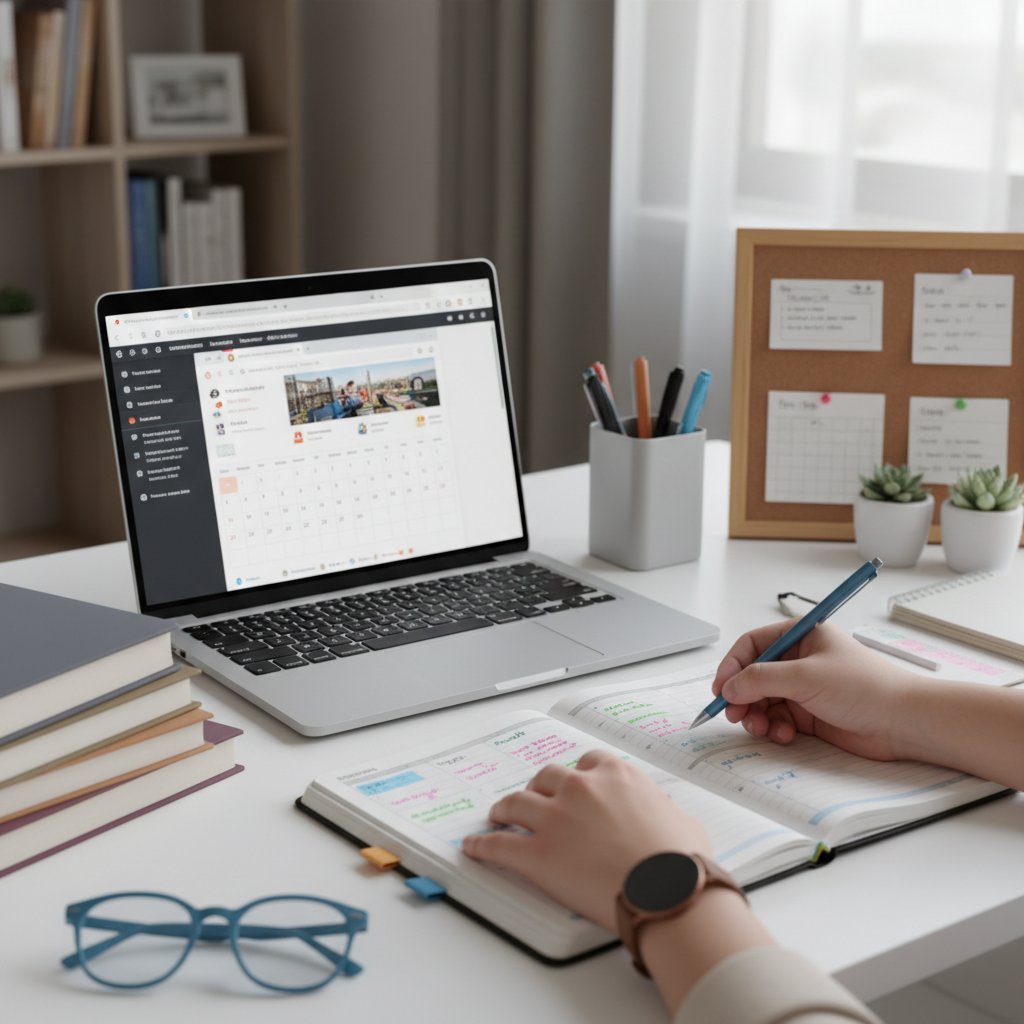 Student korzystający z papierowego planera i laptopa, ilustrujący organizację nauki