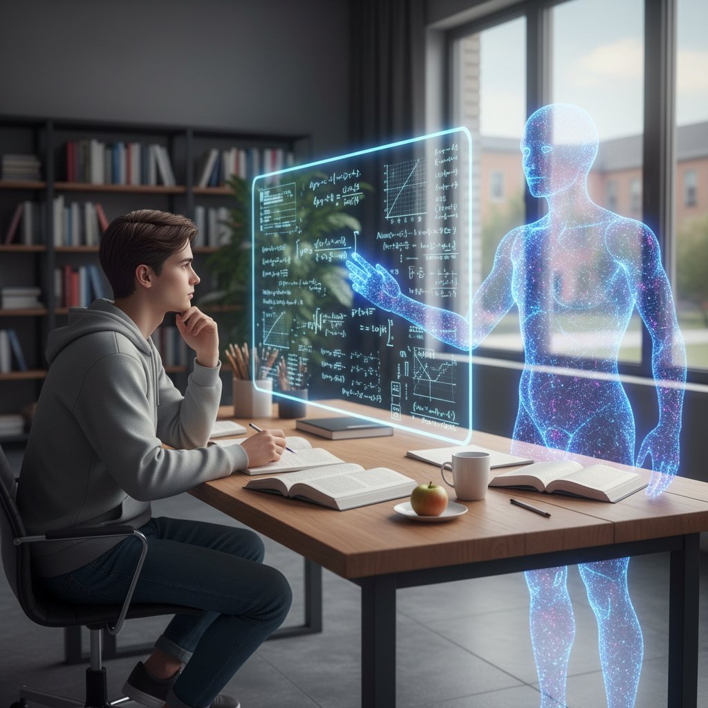 Uczeń korzystający z osobistego korepetytora AI przy biurku, ekran laptopa z zadaniem z ciągów