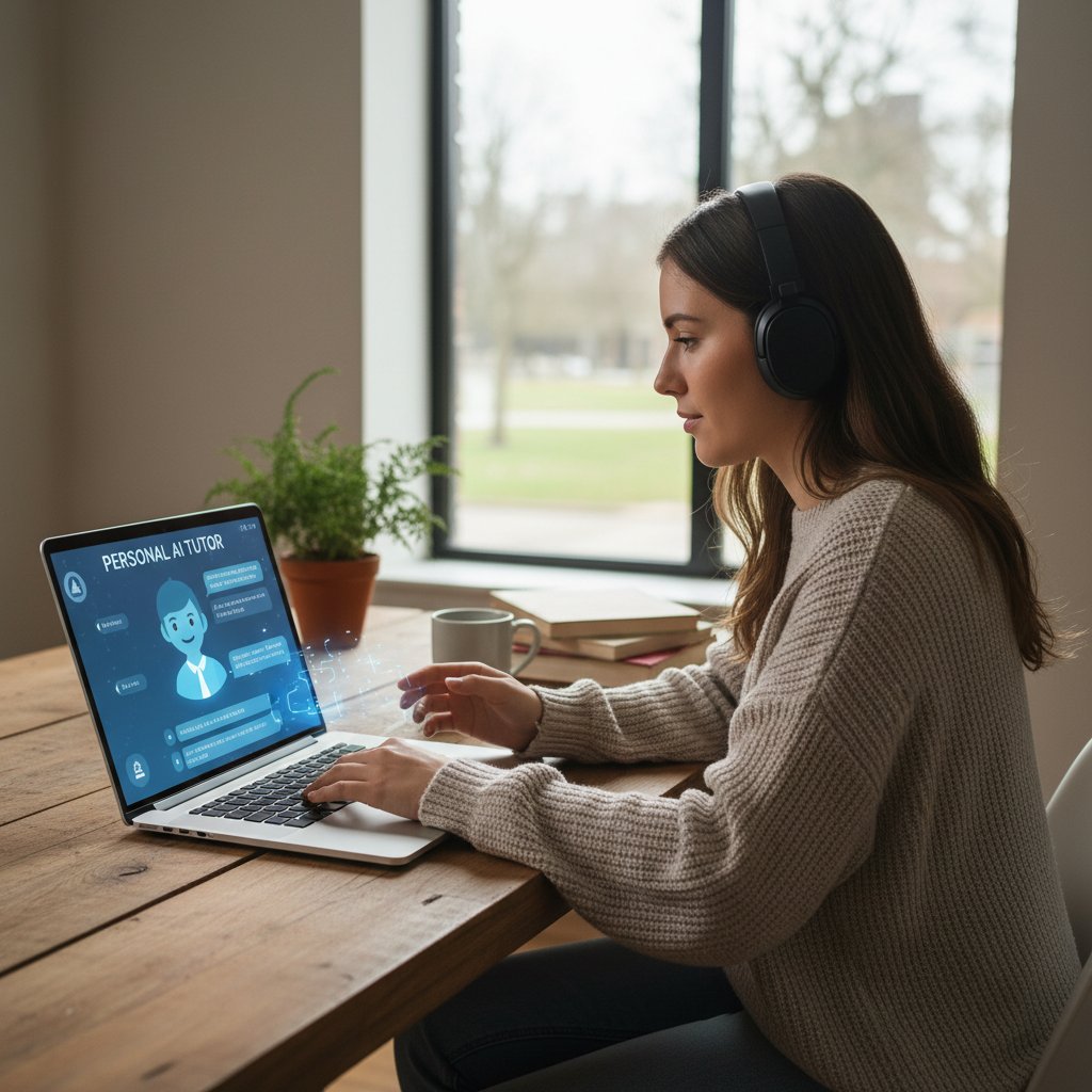 Uczeń pracuje z osobistym korepetytorem AI na laptopie, spokojne otoczenie, atmosfera koncentracji