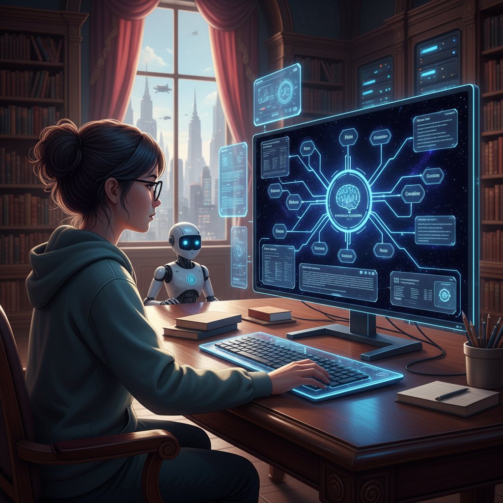 Student korzystający z komputerowej platformy filozoficznej AI, ekran wypełniony tekstem