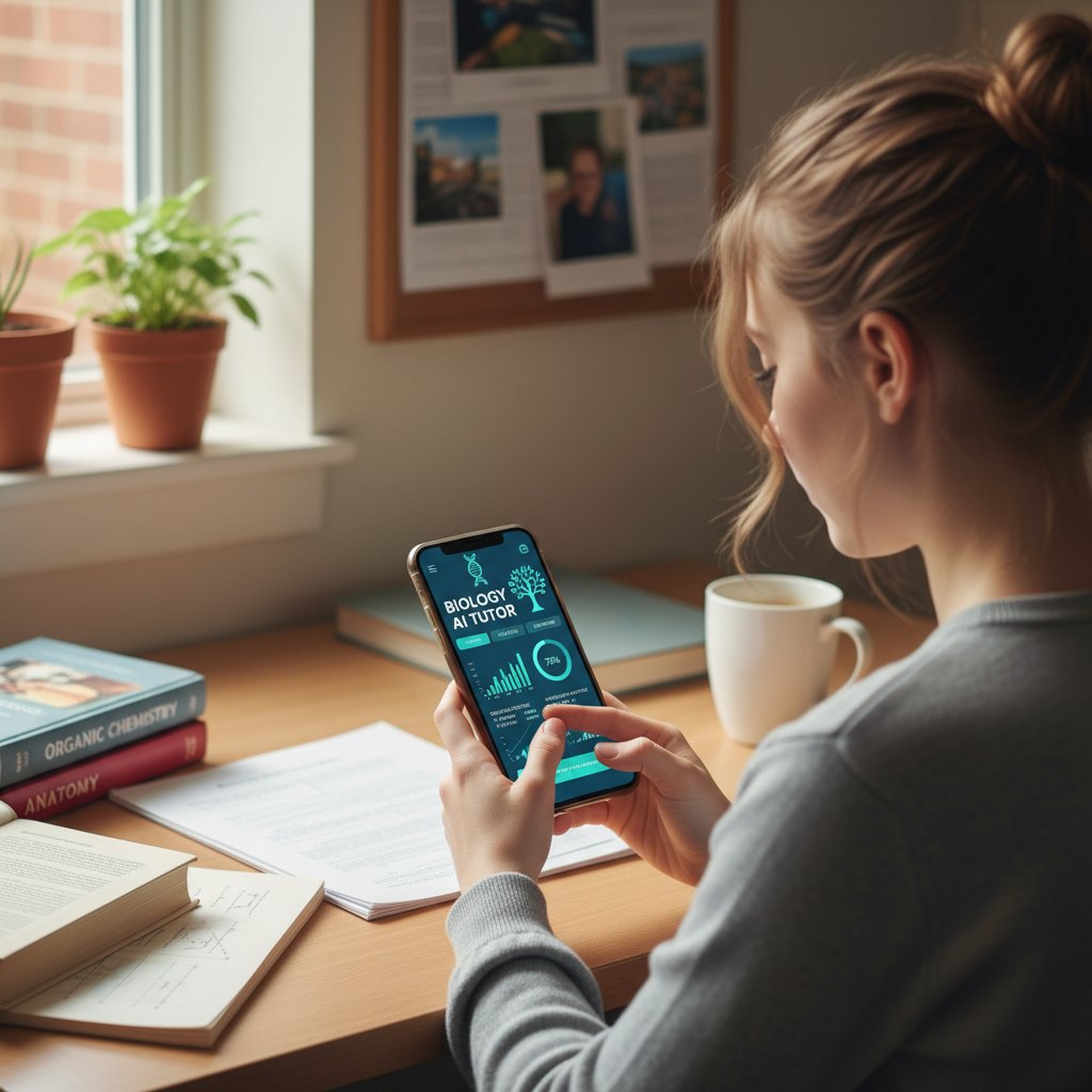 Uczeń korzysta z aplikacji AI do nauki biologii na smartfonie, statystyki postępów na ekranie