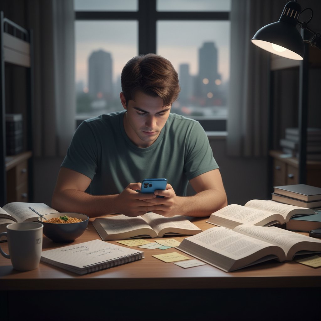 Uczeń z telefonem, zignorowane notatki na biurku