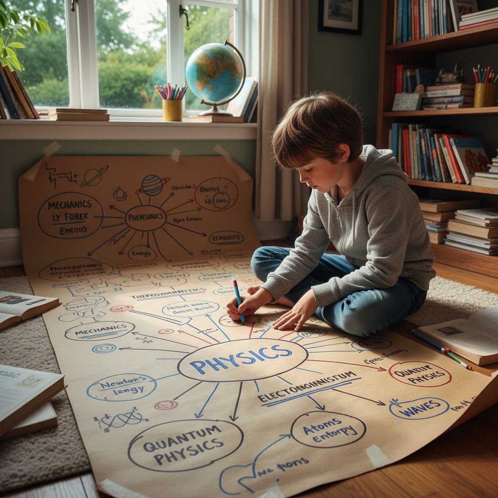 Uczeń tworzący mapę pojęciową z zagadnień fizycznych na dużej kartce