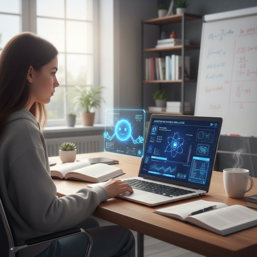 Zdjęcie przedstawiające naukę fizyki online z AI na laptopie, uczeń korzysta z nowoczesnych narzędzi