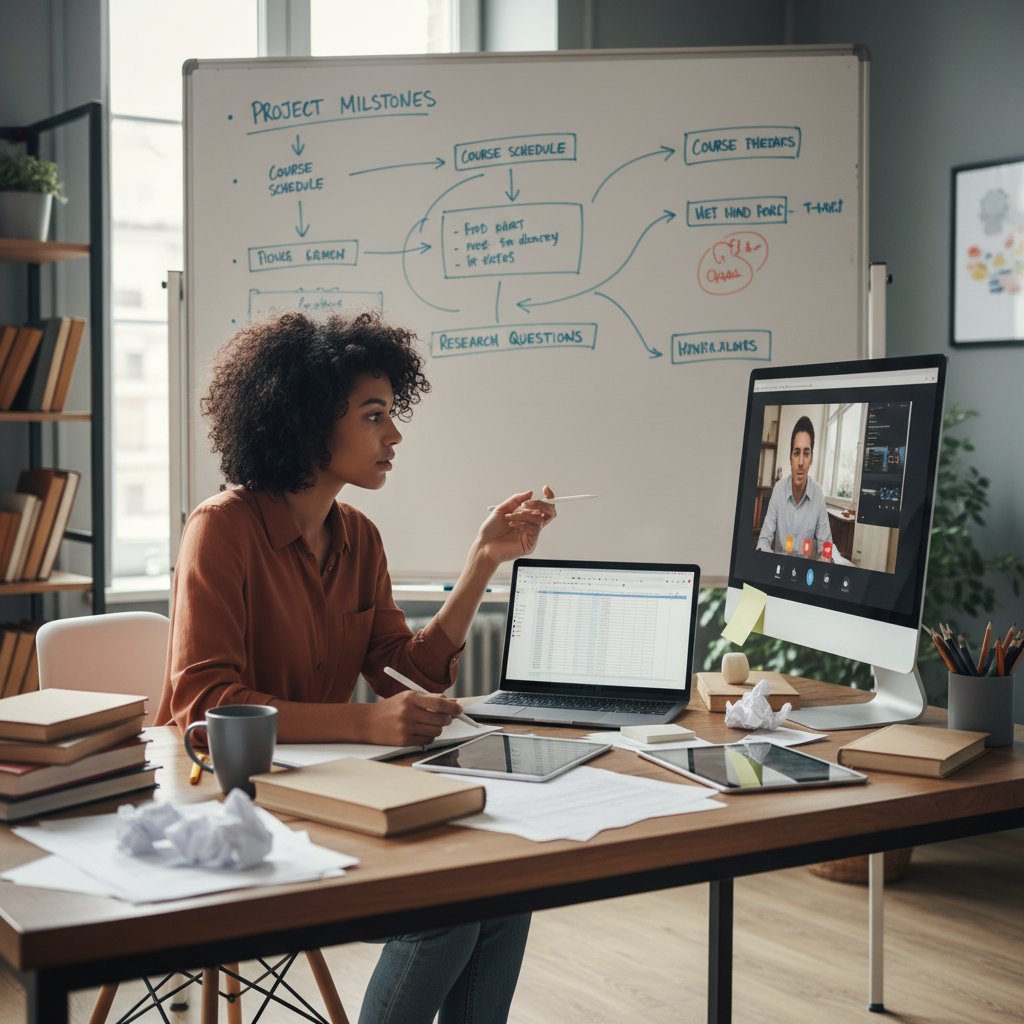 Student planuje naukę przy tablicy i komputerze, efektywna edukacja online