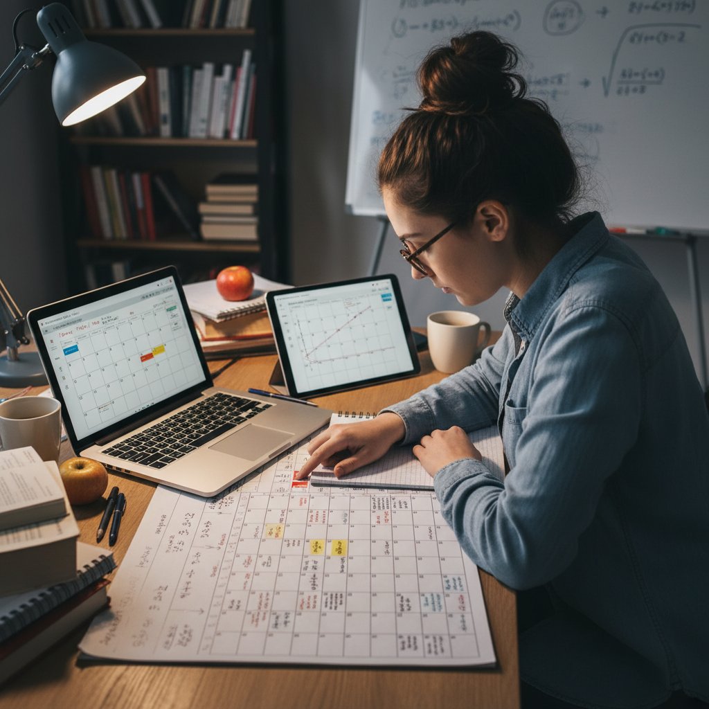 Planowanie nauki matematyki online, laptop, notes, kalendarz, młoda osoba