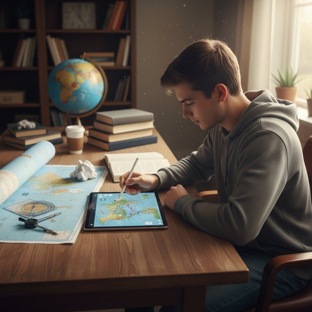 Motywująca scena: uczeń planuje naukę z pomocą tabletu i mapy