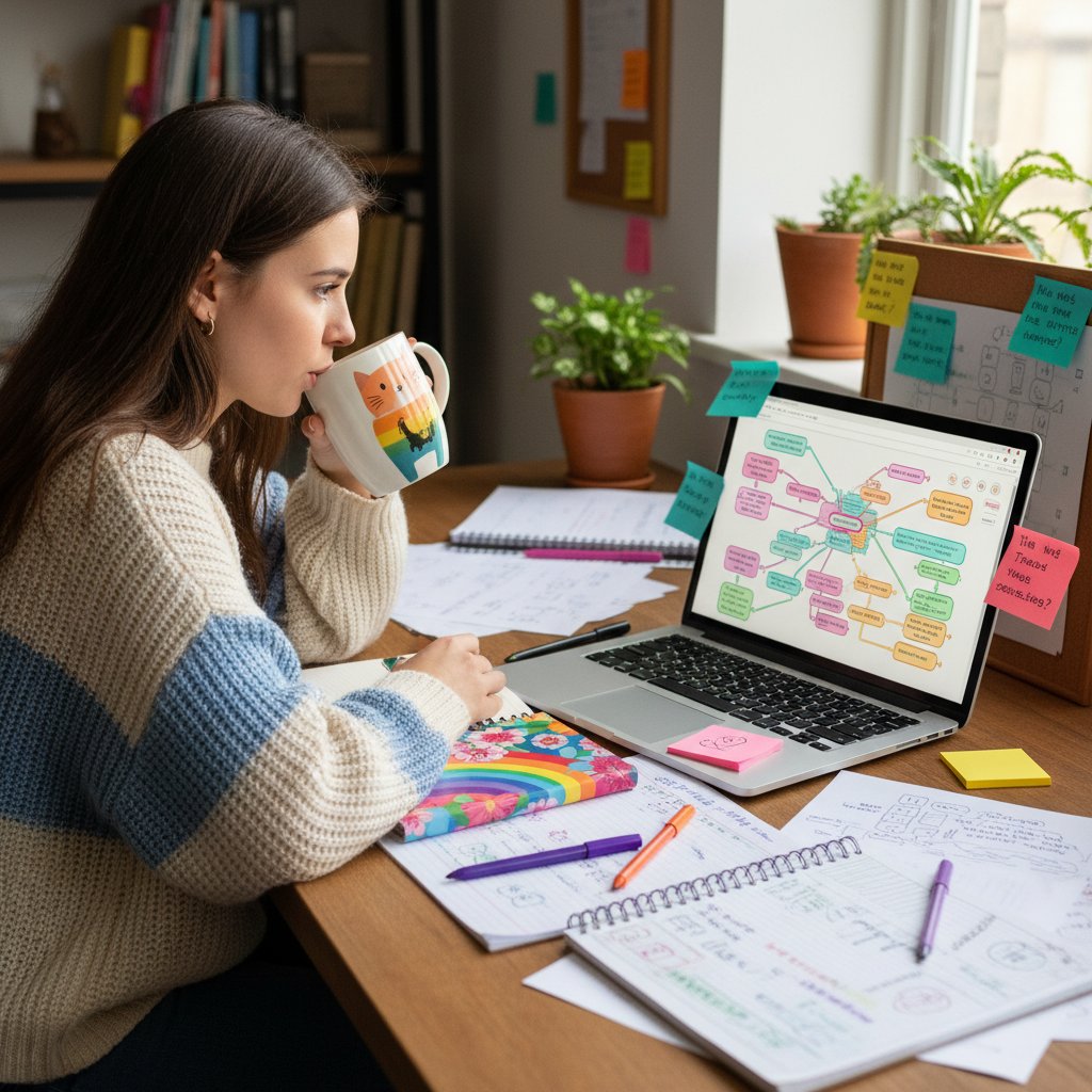 Uczennica planująca naukę biologii online na laptopie z kolorowymi notatkami