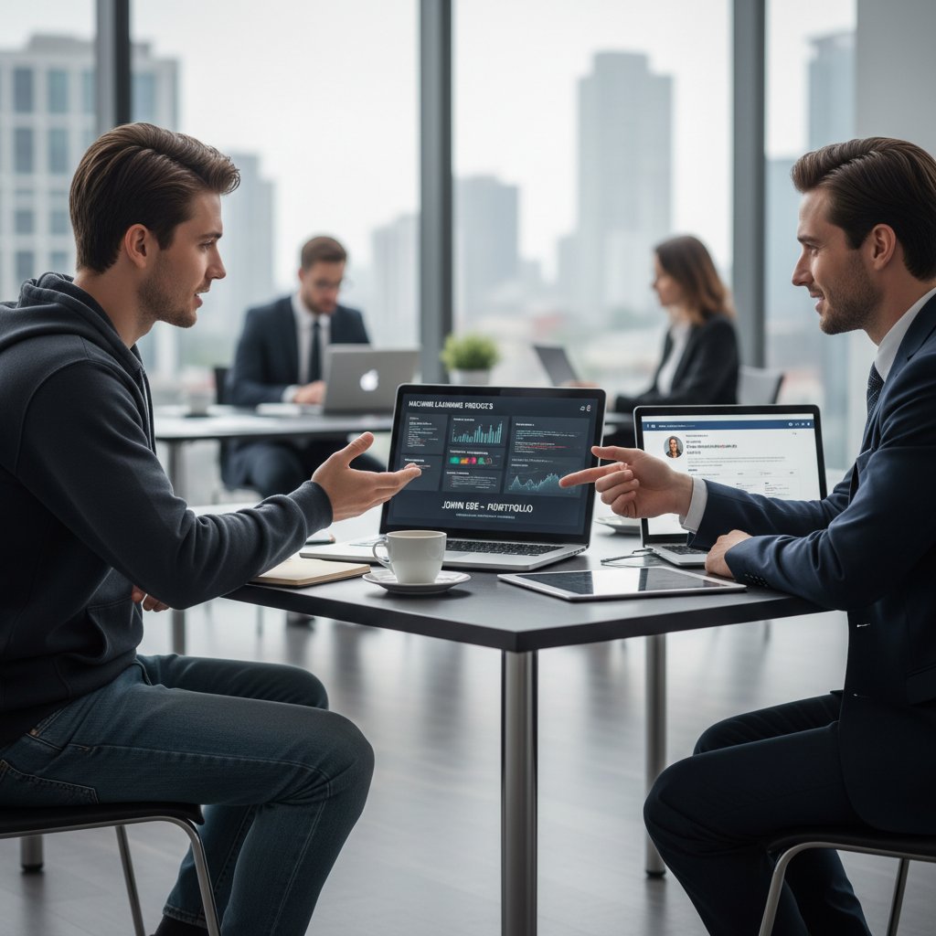 Student prezentuje portfolio machine learning online, wykresy na ekranie, rozmowa z rekruterem