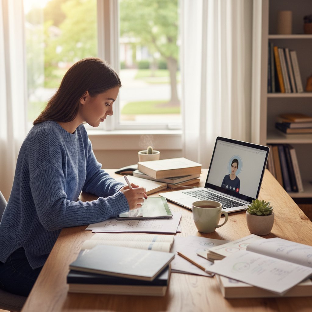Uczeń przygotowujący się do korepetycji online, materiały do nauki, spokojna atmosfera