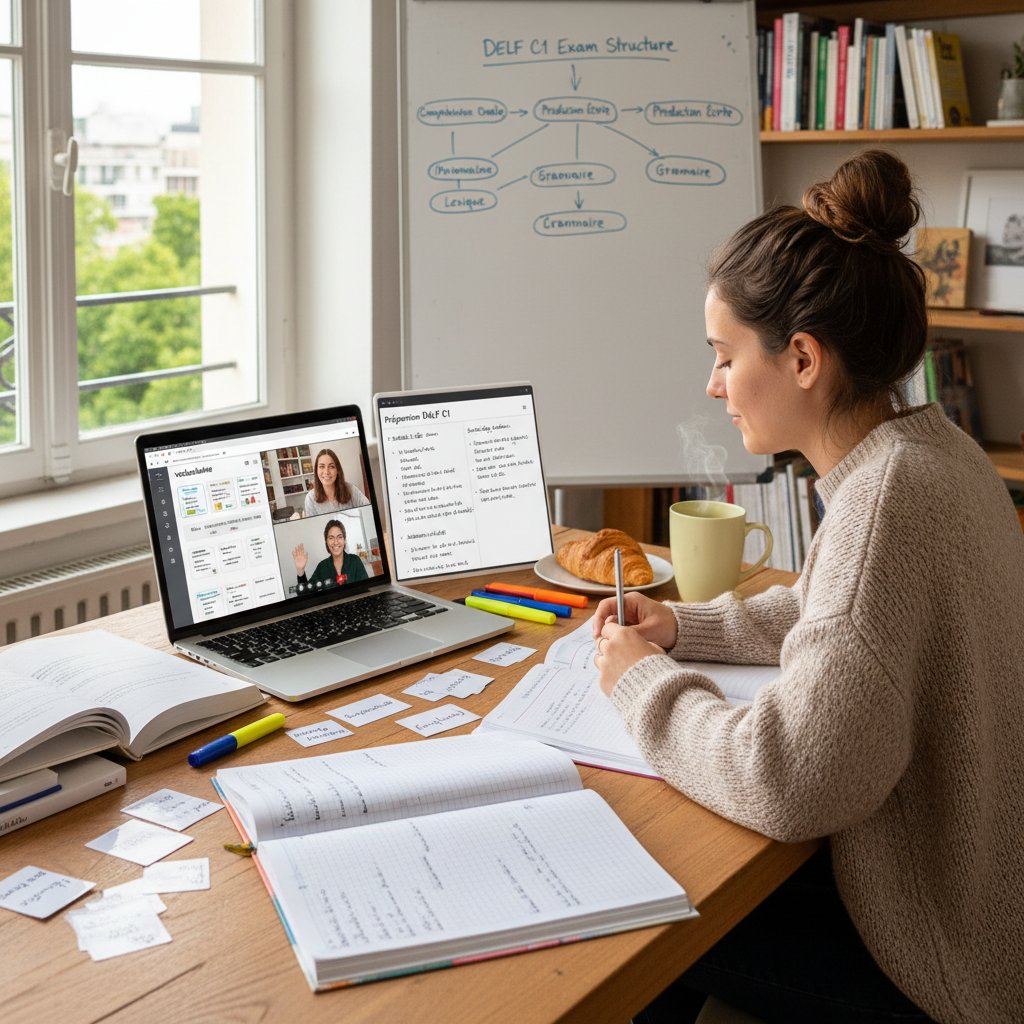 Student przygotowujący się do egzaminu DALF przez internet, z fiszkami i notatkami
