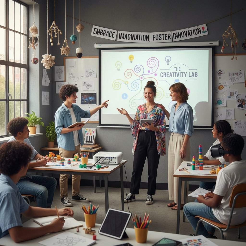 Uczeń prezentujący własny projekt przed klasą, nauczyciel wspiera kreatywność