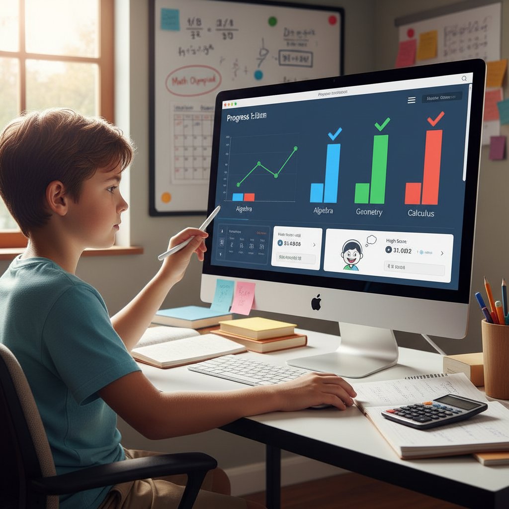 Uczeń analizujący wykresy postępów nauki na ekranie komputera