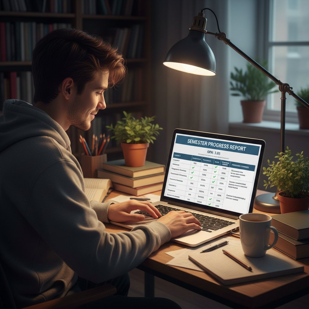 Uczeń przeglądający raport postępów w nauce na ekranie komputera