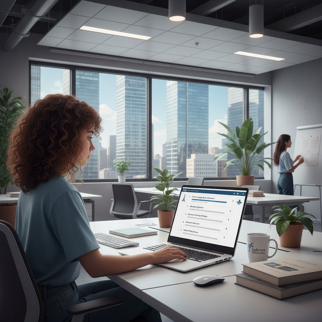 Młody uczeń analizujący ranking kursów języka francuskiego przy komputerze, nowoczesne biuro, dynamiczne światło