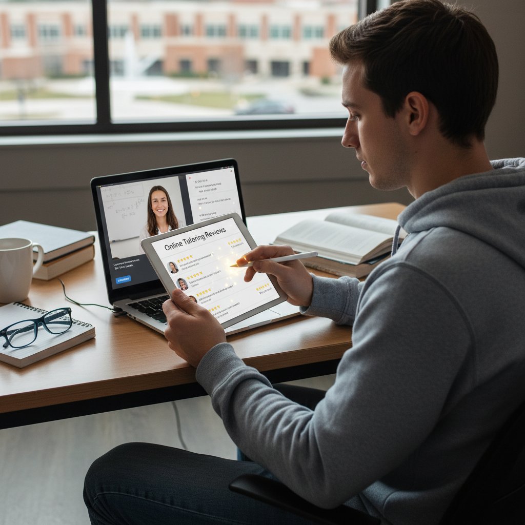 Reakcje ucznia sprawdzającego opinie o korepetycjach online na telefonie
