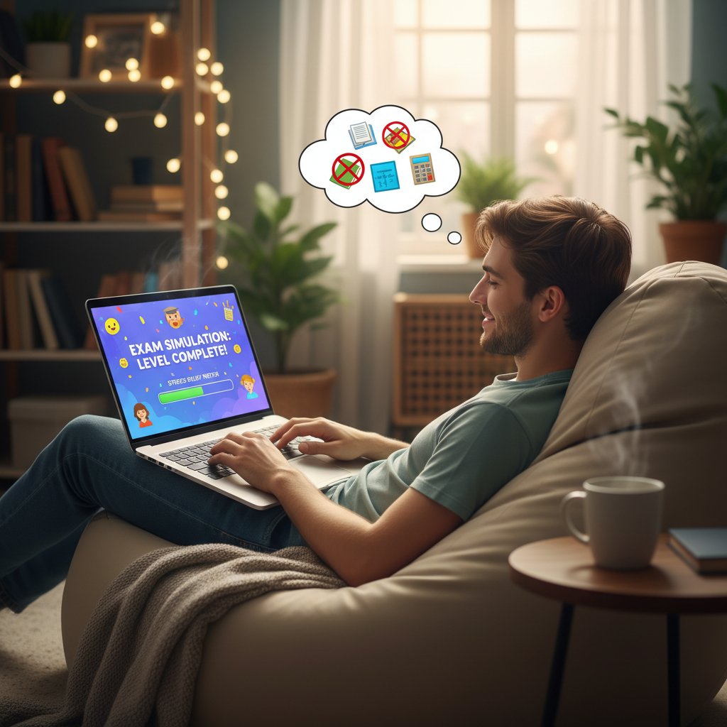 Student podczas sesji relaksacyjnej po nauce, w tle komputer z symulacją egzaminu