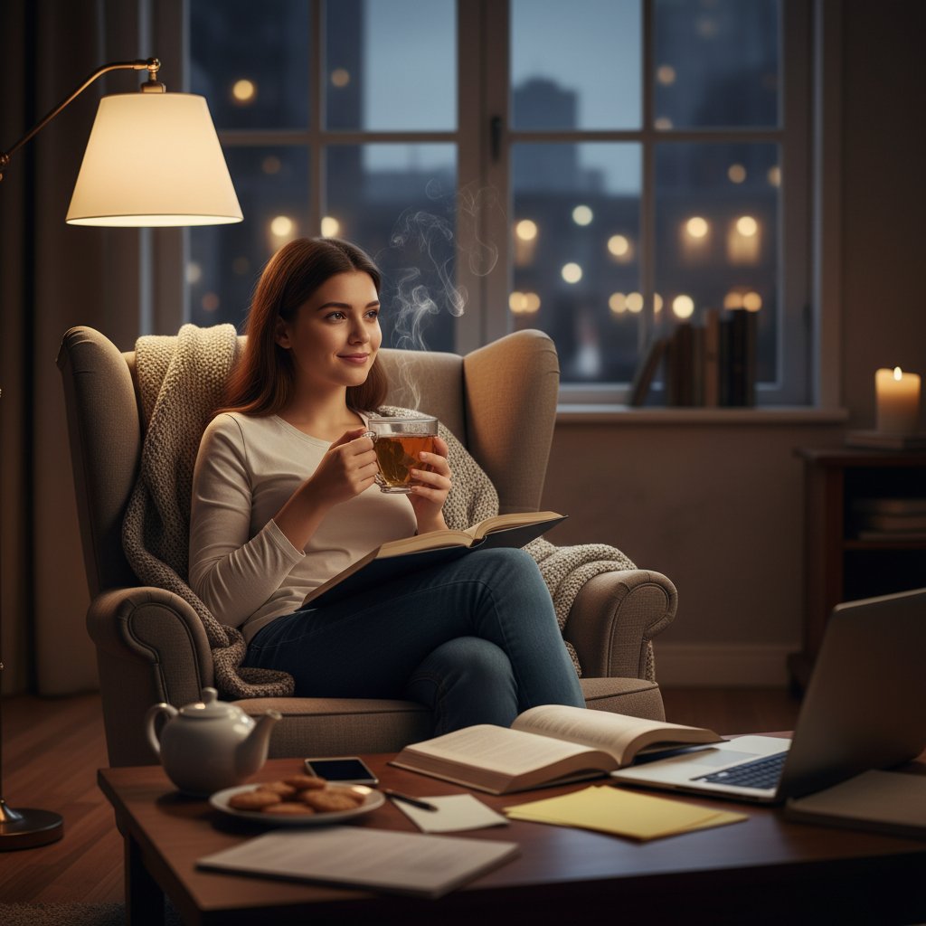 Wieczór przed maturą, uczeń relaksujący się z książką i kubkiem herbaty, atmosfera spokoju