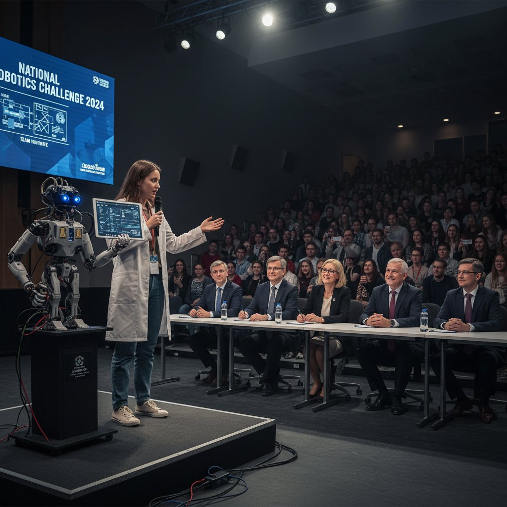 Student prezentujący swojego robota na konkursie, tłum i jury obserwują projekt