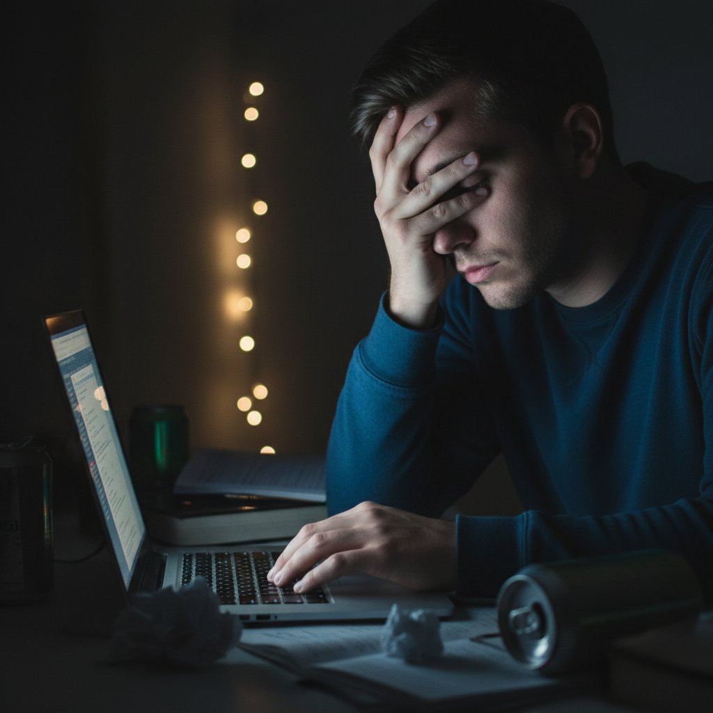 Zmęczenie wzrokiem podczas długich korepetycji online – student przeciera oczy, ciemny pokój, laptop