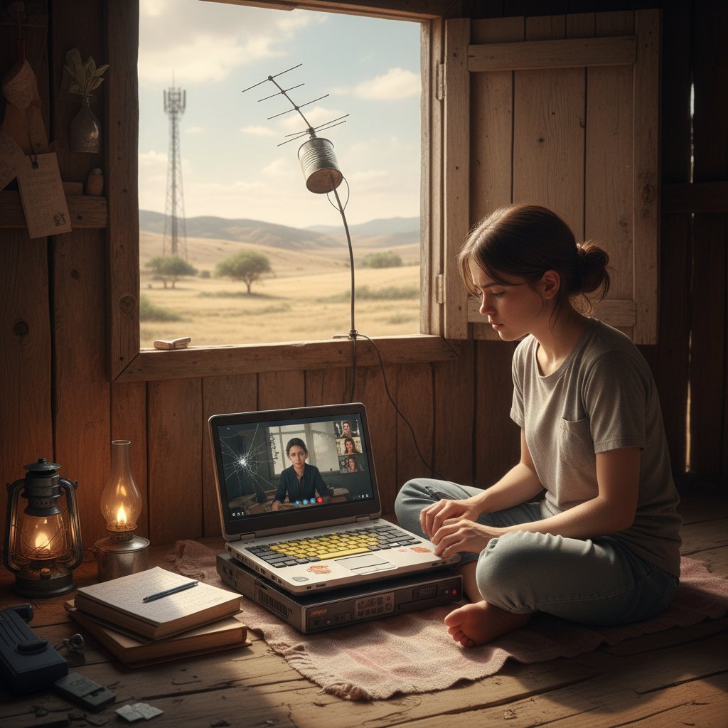 Uczeń na wsi korzystający z prostego laptopa, obrazujący cyfrowe wykluczenie w edukacji online