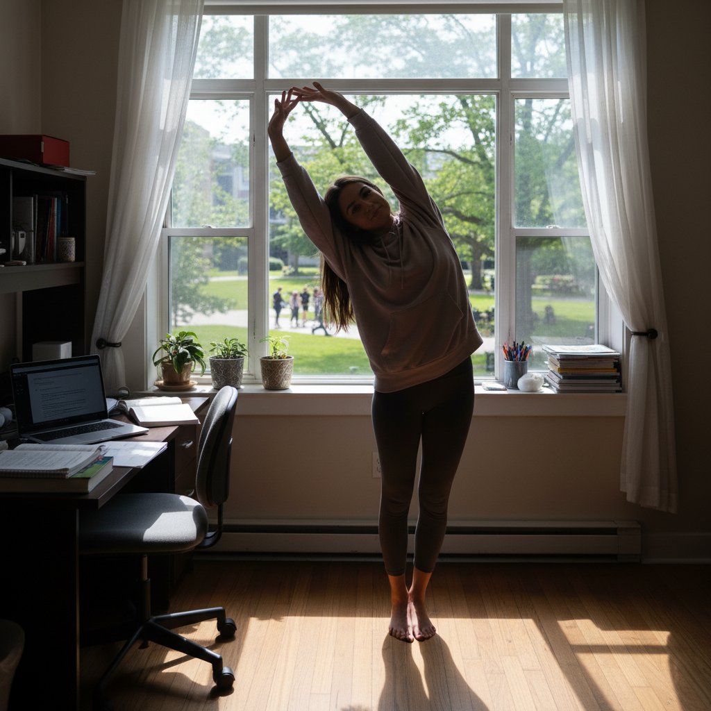 Uczeń robiący przerwę od ekranu, rozciągający się przy otwartym oknie