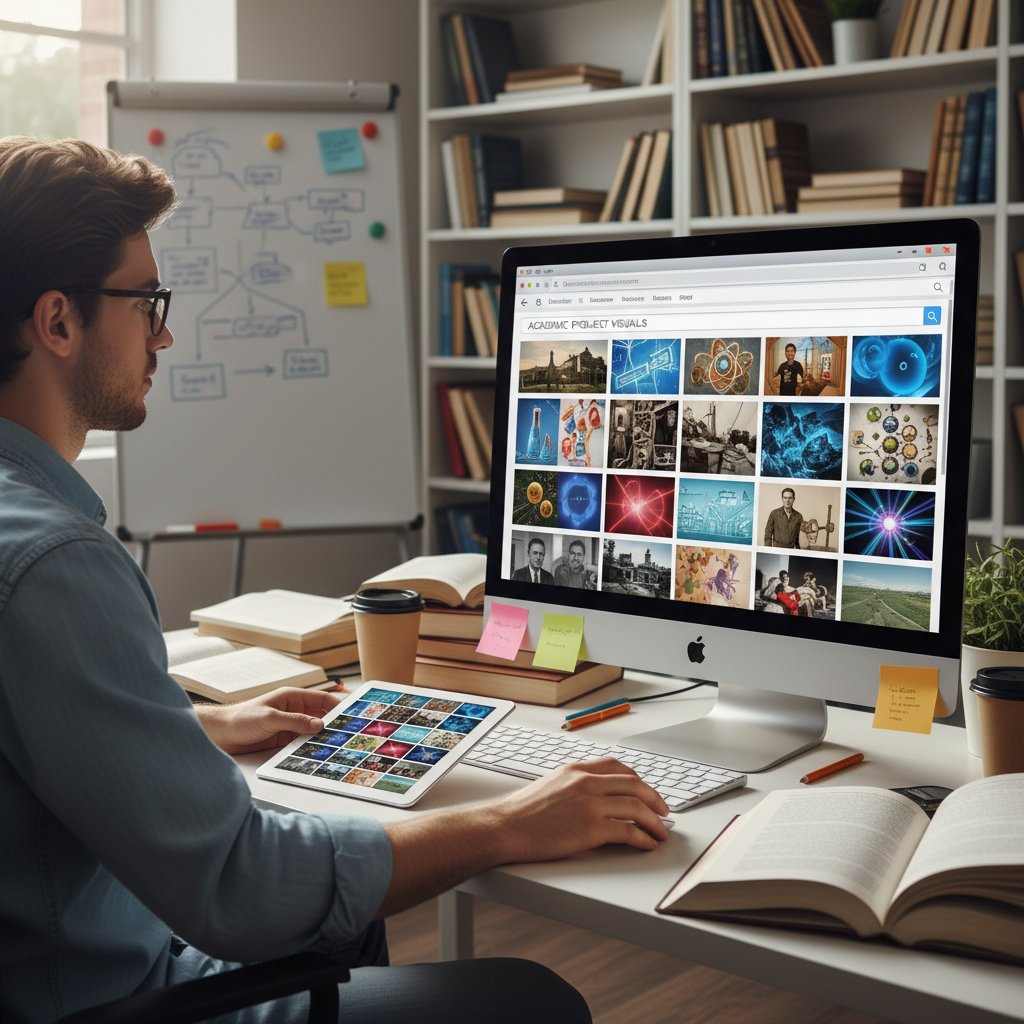 Student analizujący wyniki wyszukiwania obrazów do projektu naukowego