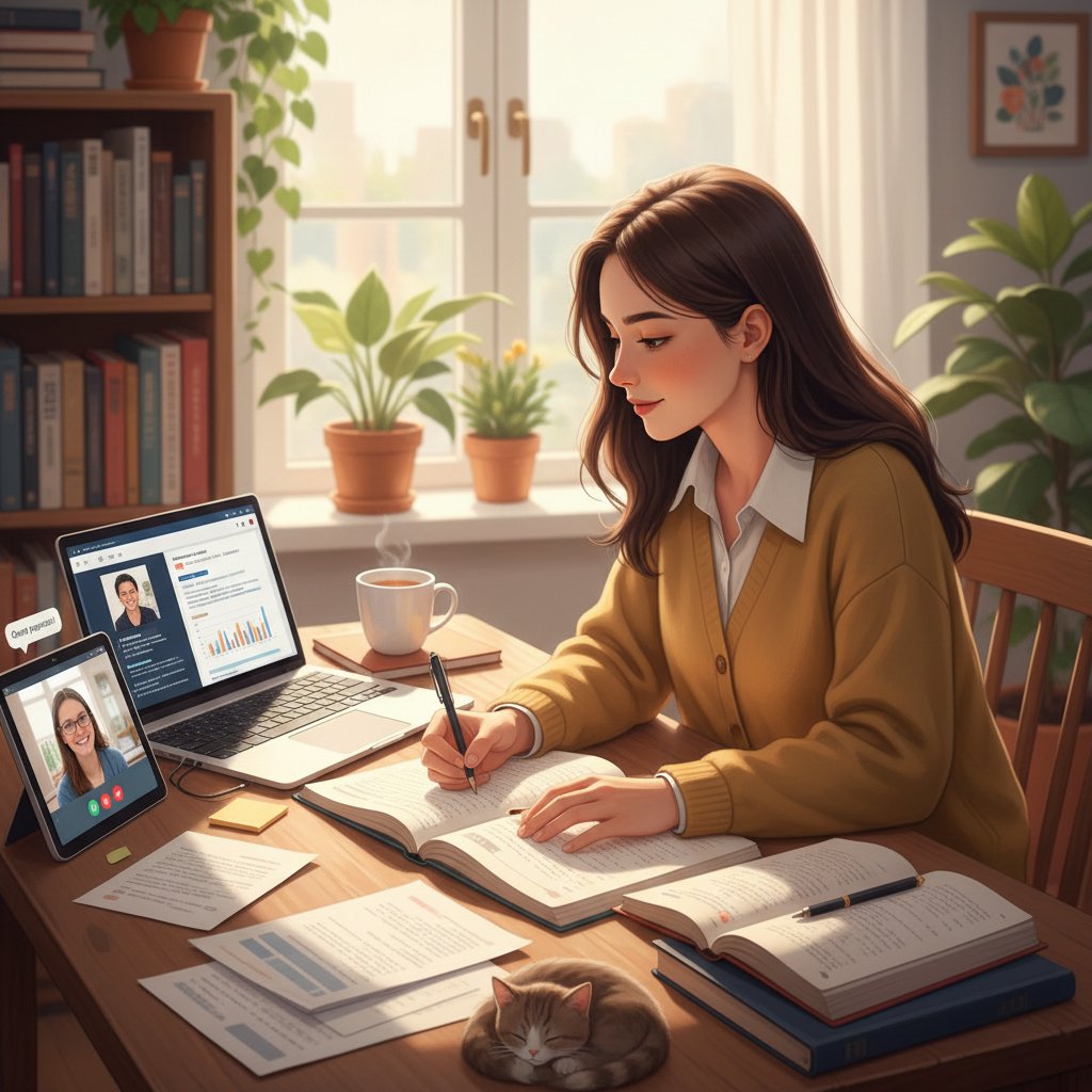 Uczeń pracujący samodzielnie z komputerem, notatki, spokojna atmosfera, wsparcie online w tle