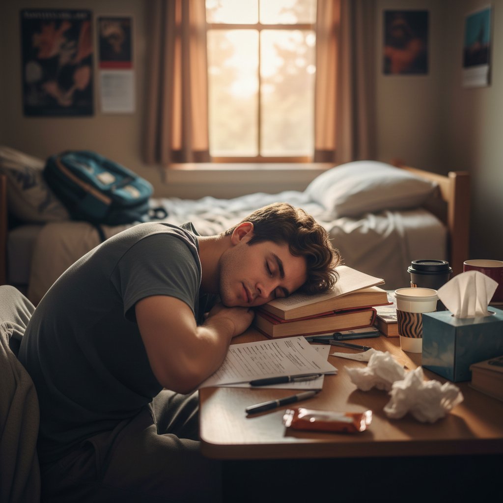 Uczeń śpiący przy biurku po egzaminie, regeneracja po intensywnej nauce