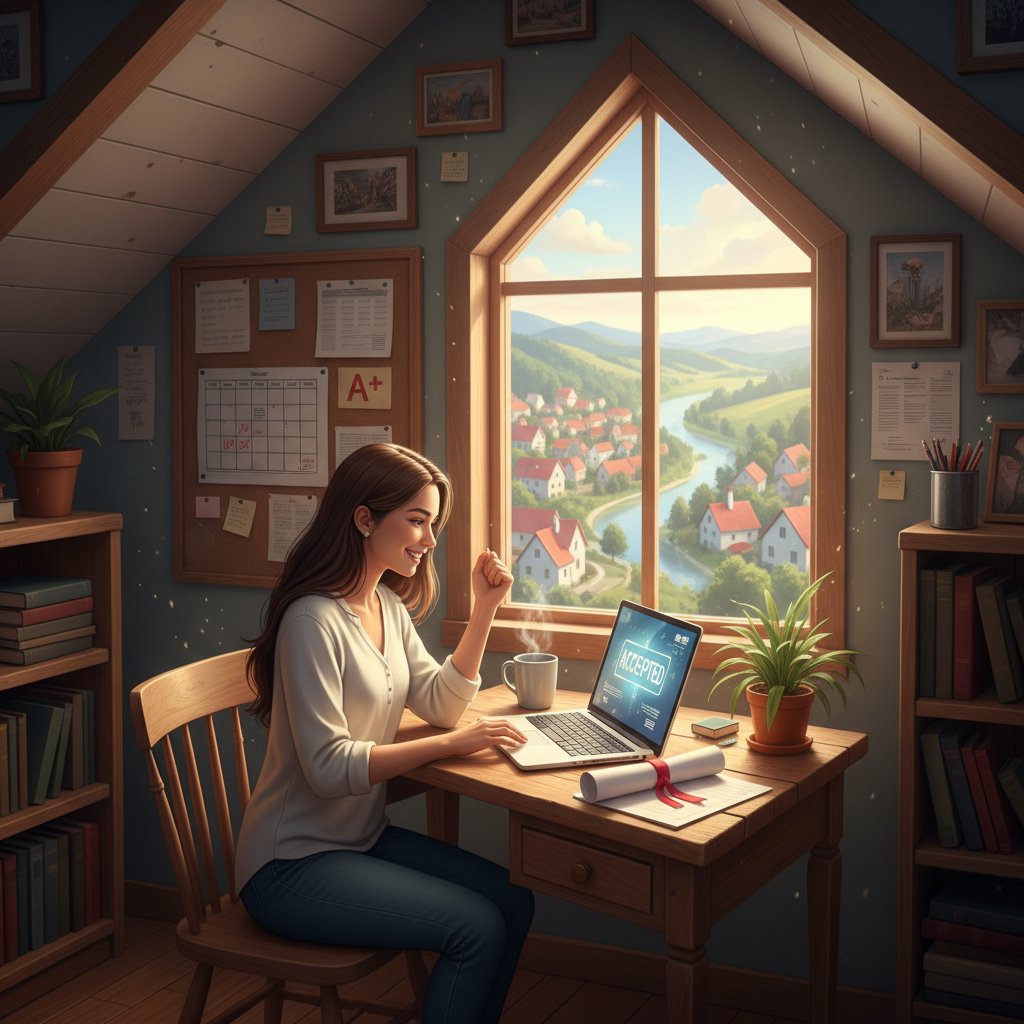 Uczennica z małego miasta podczas nauki online, sukces edukacyjny, korepetycje online