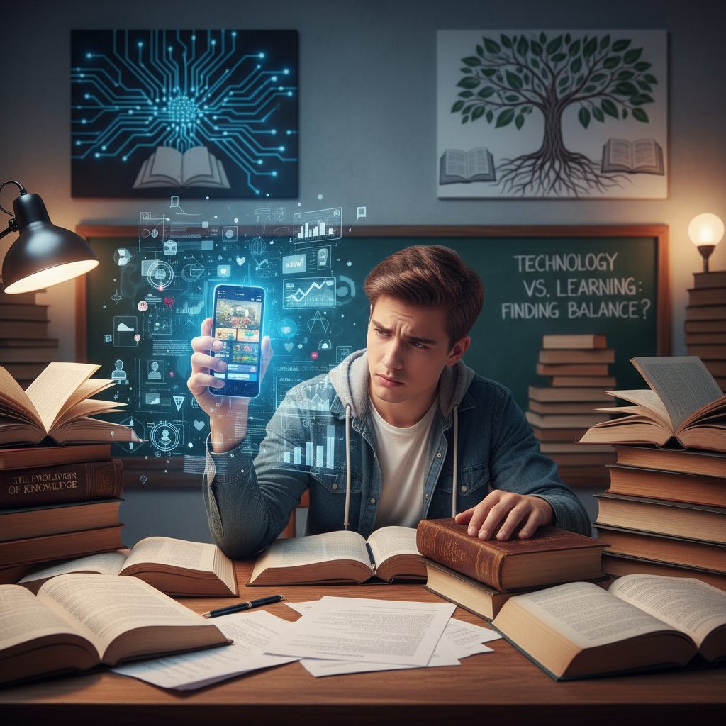 Student z telefonem, ekran rozświetla twarz, po bokach podręczniki – wizualizacja konfliktu technologia vs. nauka