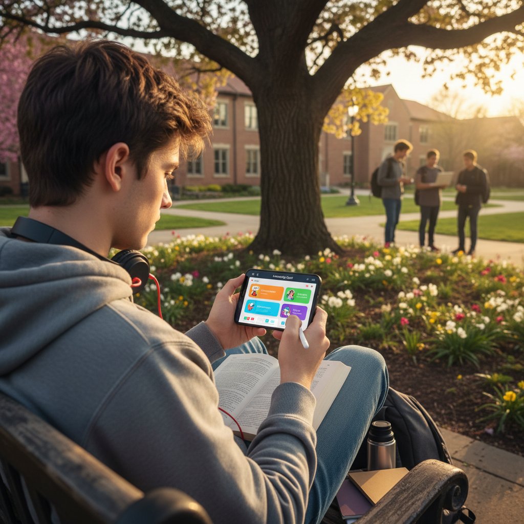 Uczeń korzystający z aplikacji edukacyjnej na smartfonie podczas spaceru, nauka poza domem