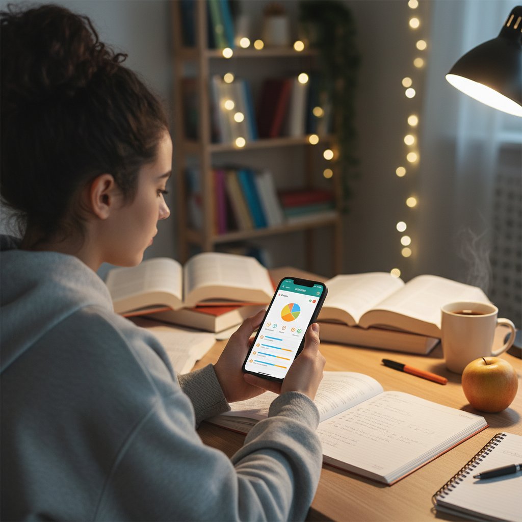 Uczeń korzystający z aplikacji edukacyjnej na smartfonie podczas nauki do matury