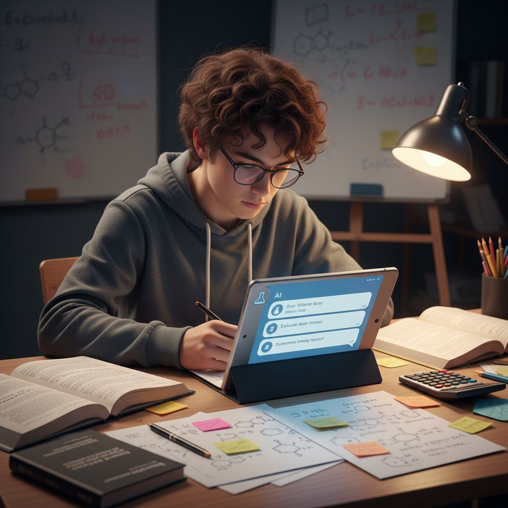 Student rozwiązuje zadanie chemiczne z pomocą chatbotu AI, ekran z widocznymi etapami rozwiązania