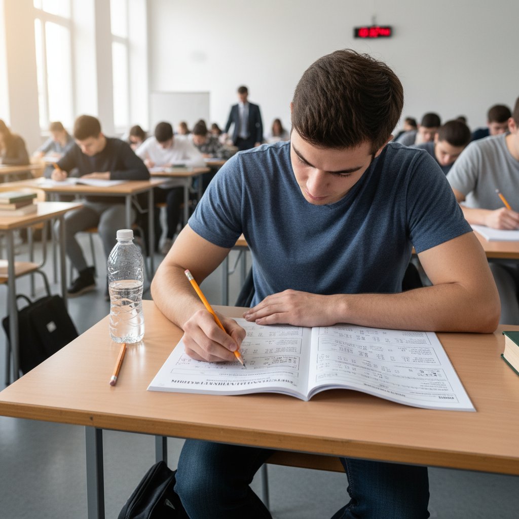 Uczeń rozwiązuje oficjalny arkusz egzaminacyjny przy biurku