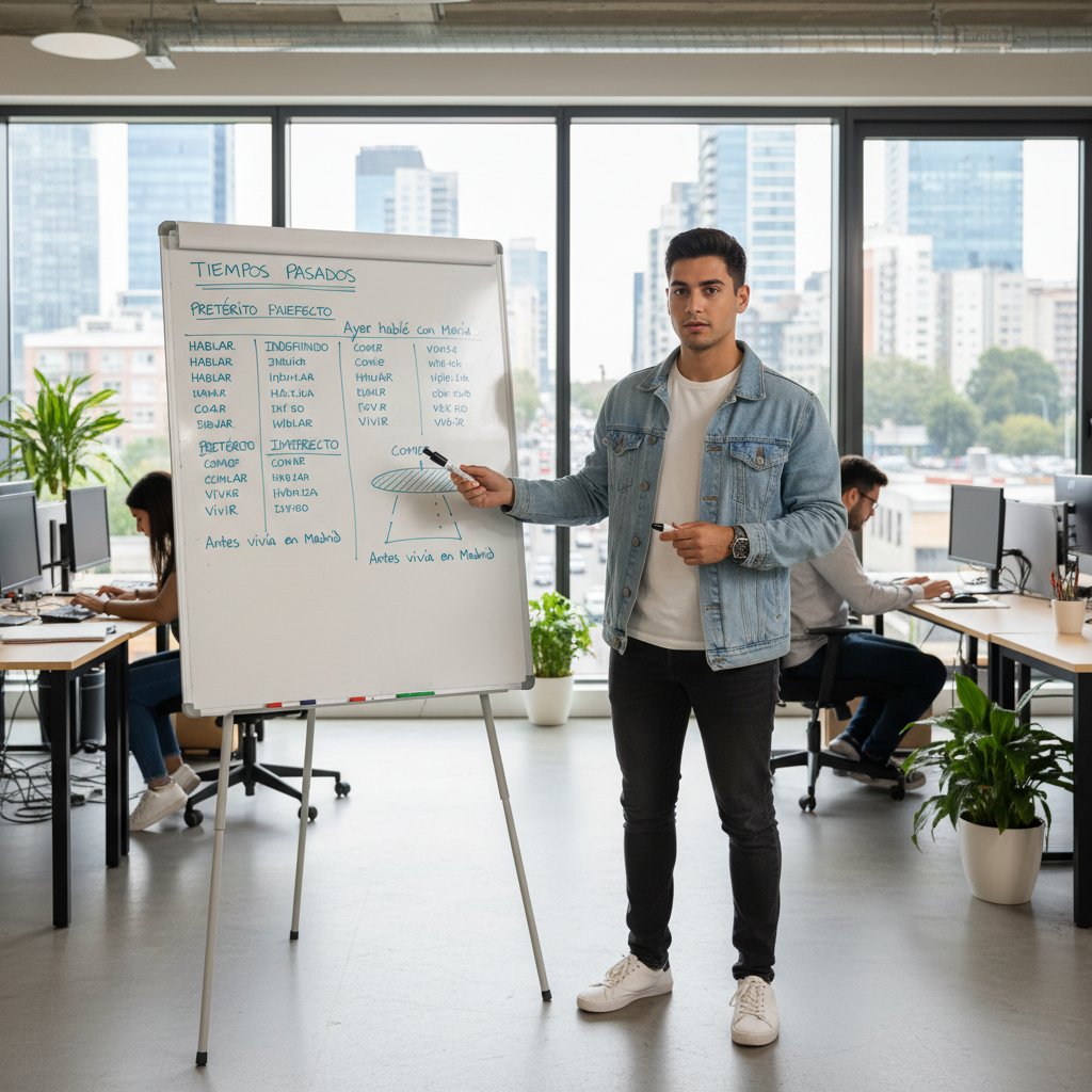 Student analizujący tablicę z hiszpańskimi czasami przeszłymi, kolorowe markery, skupienie, miejskie biuro
