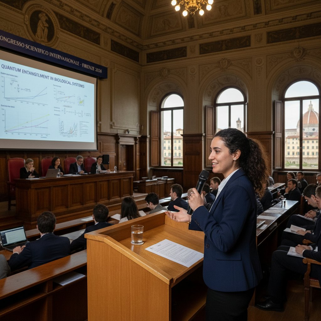 Studentka przemawiająca na konferencji naukowej we Włoszech
