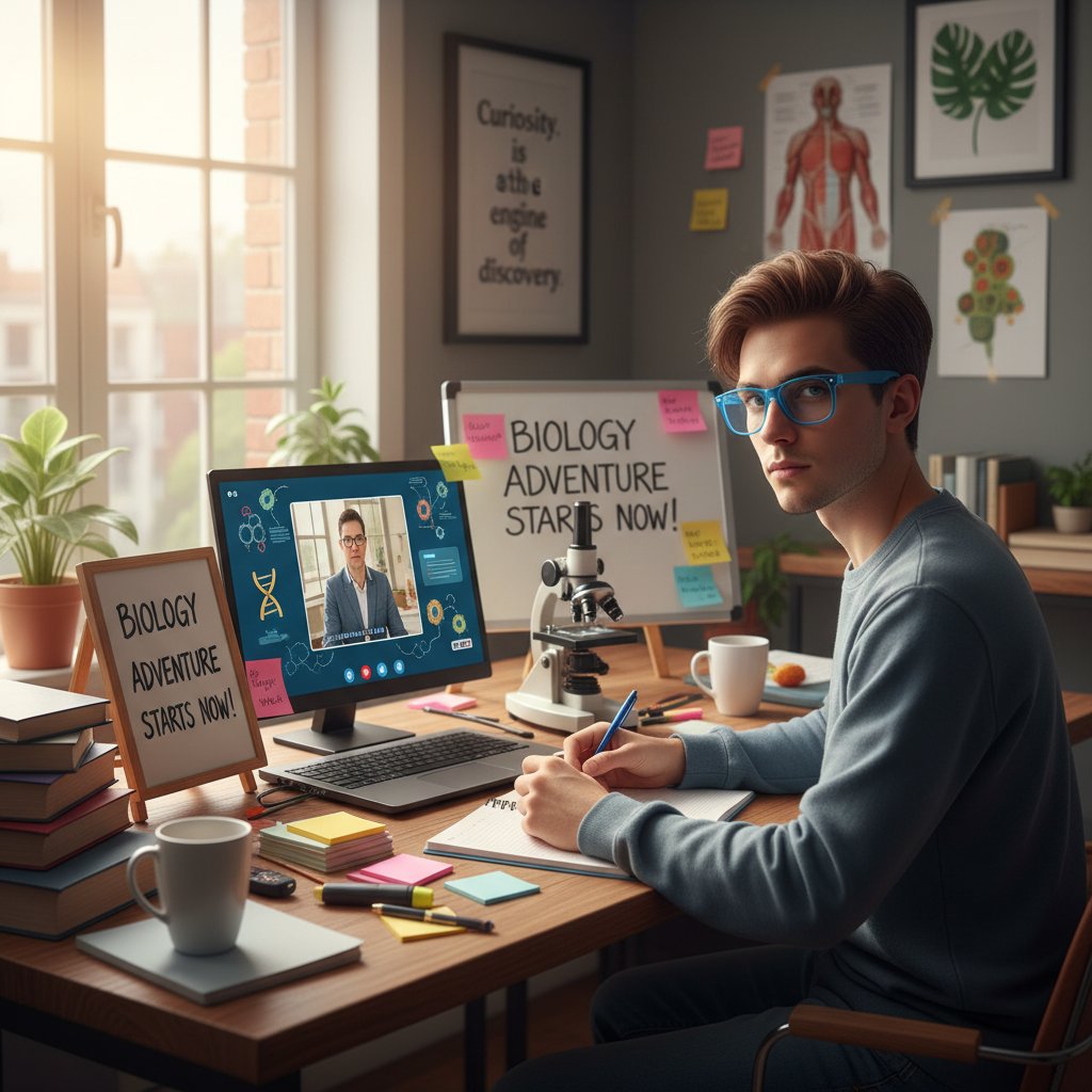 Student rozpoczynający naukę biologii człowieka online, motywacja, początek drogi