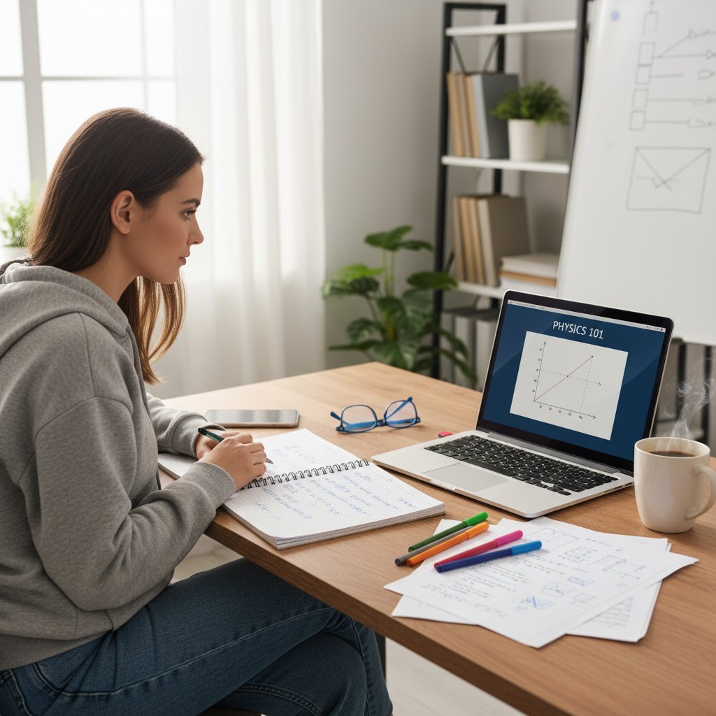 Pierwsze kroki z lekcjami fizyki online – uczeń przed komputerem z notatkami