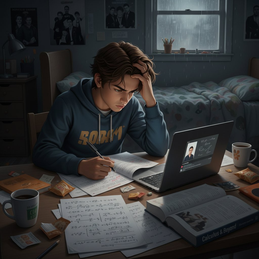 Uczeń samotnie próbujący rozwiązać zadania matematyczne bez wsparcia