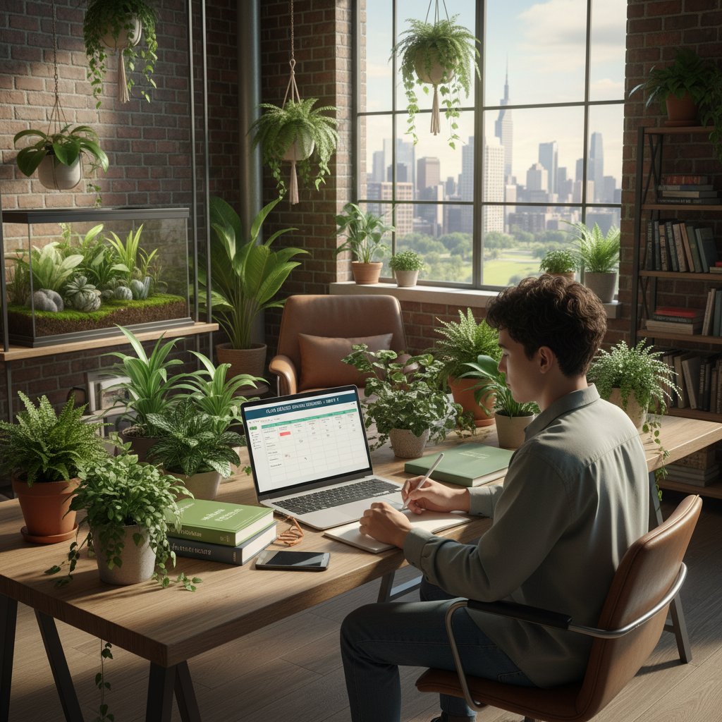 Student używający planera nauki online do organizacji materiałów z biologii roślin