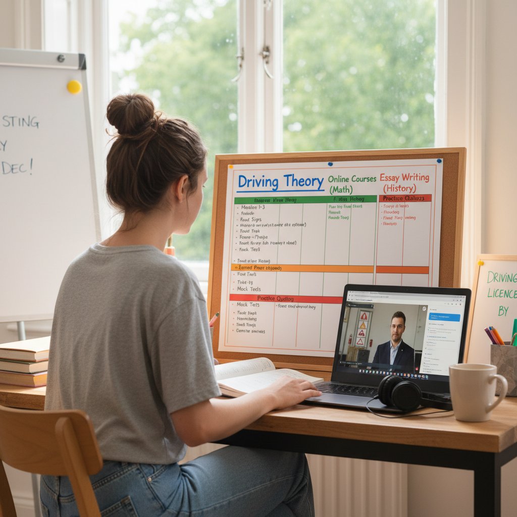 Student pracujący nad harmonogramem nauki teorii prawa jazdy online